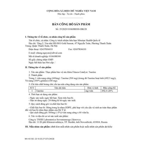 Thực phẩm bảo vệ sức khỏe Fitness Catalyst Taurine - 60 viên/lọ