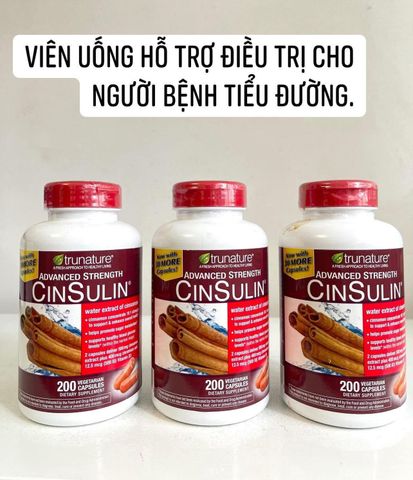 Viên uống cân bằng đường huyết Trunature CinSulin loại 200 viên - Hỗ trợ tiểu đường bằng bột quế vitamin D và Chromium, sản phẩm Mỹ