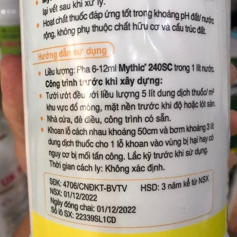 Thuốc diệt mối MYTHIC 240SC, mùi nhẹ, lây lan mạnh, bảo vệ lâu dài, sản phẩm BASF (Đức), chai 1 lít