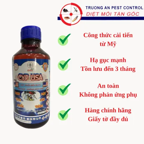 Thuốc diệt muỗi CYP USA, mùi nhẹ, không kích ứng, bám dính tồn lưu, không phản ứng phụ, nguyên liệu từ Mĩ, chai 1 lít