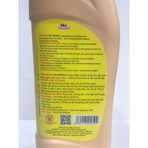 Chai xua đuổi chó mèo, ngăn ngừa chó mèo phóng uế bừa bãi, cắn phá đồ vật Fay Repell (1 chai 400ml).