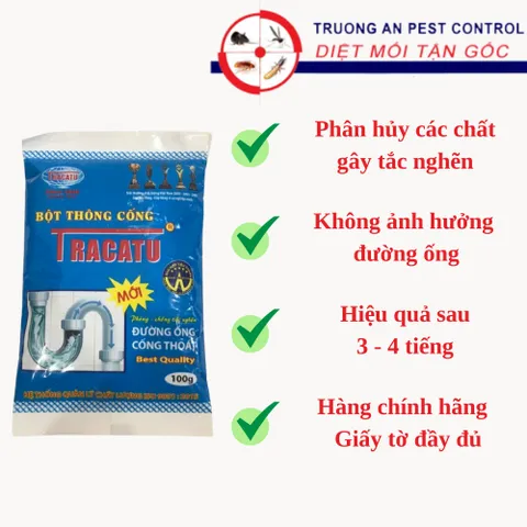 Bột thông cống, chống tắc nghẽn bồn rửa chén, bồn rửa mặt Tracatu đạt chuẩn ISO 9001:2015, gói 100g