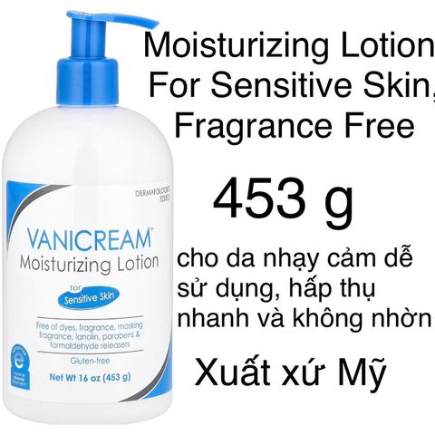 [MỸ] VANICREAM Moisturizing Lotion, For Sensitive Skin, Fragrance Free, 453 g