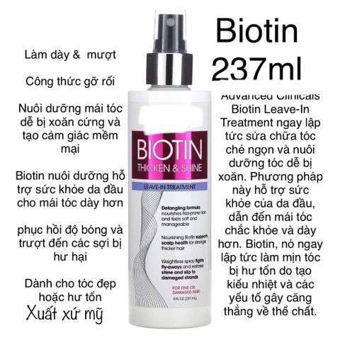 [MỸ] Xịt dưỡng tóc Biotin Leave-In Treatment 237ml làm dày , mượt , nuôi dưỡng tóc , phục hồi hư tổn.