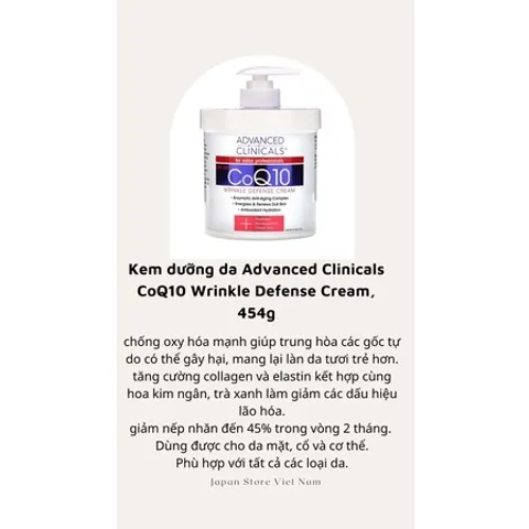 [MỸ] kem dưỡng da Advanced Clinicals CoQ10 Wrinkle Defense Cream, 454g