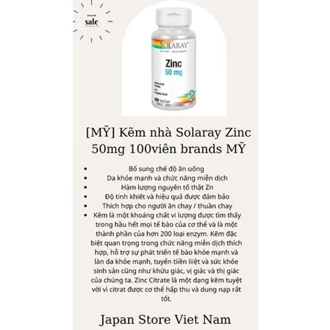 [MỸ] Kẽm nhà Solaray Zinc 50mg 100viiên ( Mar 2025)