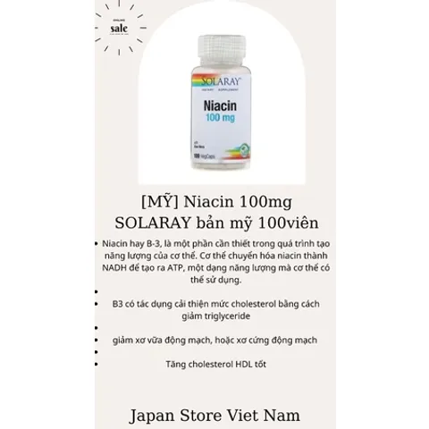 [Mỹ] viên Niacin 100mg  & 500mg SOLARAY ngừa mụn