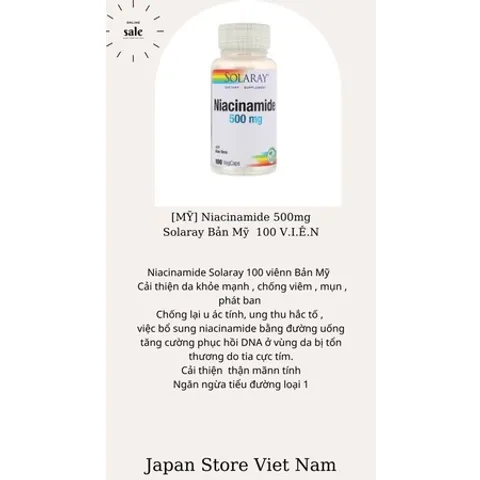 [MỸ] viên uống Niacinamide 500mg Solaray  100 VIÊN ngừa mụn