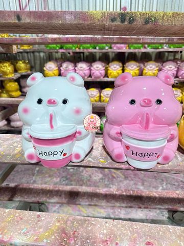 Heo đất tiết kiệm lỗ ngang heo trà sữa KT 19x19cm