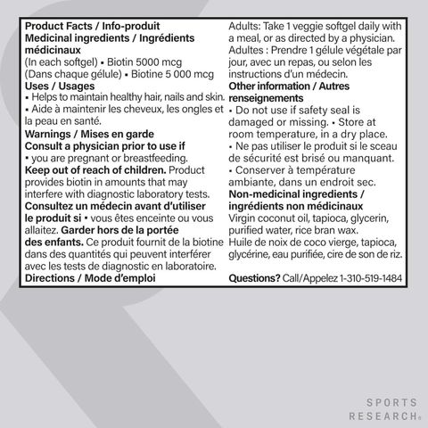 Viên uống Biotin 5,000mcg Sports Research 120 viên - Hỗ trợ tóc, móng và da khỏe đẹp tự nhiên của Mỹ