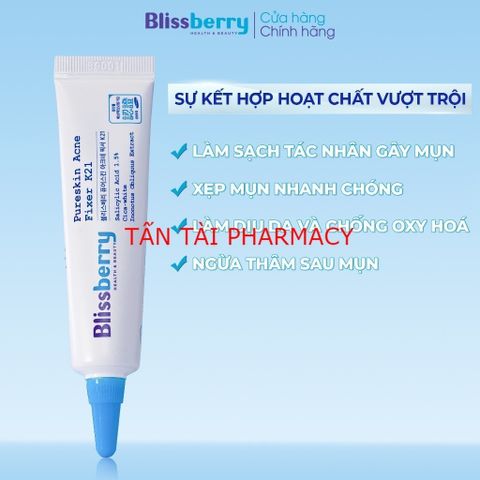 ✅[CHÍNH HÃNG, CHO KIỂM HÀNG]  Gel giảm mụn mờ thâm Blissberry Pureskin Acne Fixer K21 15ml