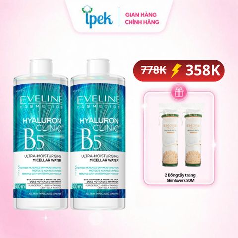 Combo 2 Nước tẩy trang Eveline Hyaluron Clinic B5 dưỡng ẩm da 500ML an toàn dịu nhẹ cho da