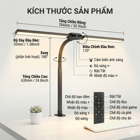 Đèn LED Kẹp Bàn Máy Tính Double Head Desk Lamp – 24W, Có Remote Điều Khiển