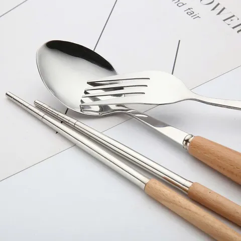 Bộ Đũa, Thìa, Dĩa Inox Chuôi Gỗ hộp đựng lúa mạch