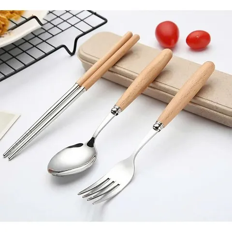 Bộ Đũa, Thìa, Dĩa Inox Chuôi Gỗ hộp đựng lúa mạch