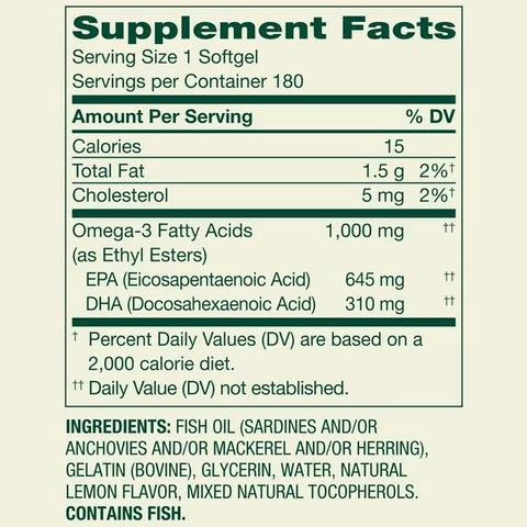 Spring Valley Omega 3 1000mg 180 viên - Bổ sung Omega 3 hỗ trợ tim mạch, não bộ và sức khỏe tổng thể