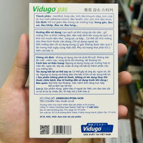 Miếng dán giảm đau nhức VIDUGO PAS - nhãn hiệu độc quyền