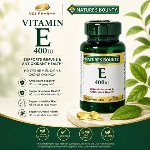 Thực phẩm bảo vệ sức khỏe Vitamins E400UI Nature's Bounty (lọ 30 viên)