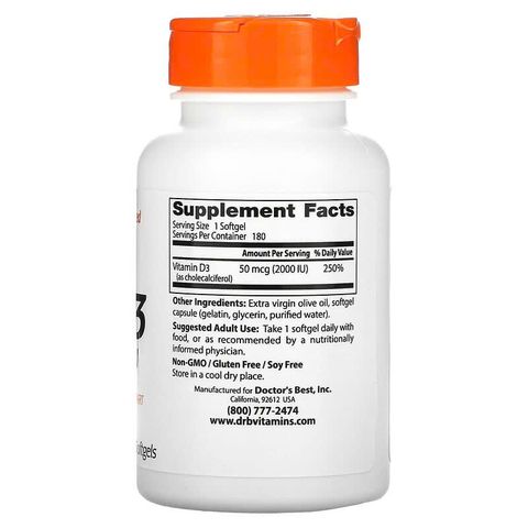 Doctor's Best Vitamin D3 2000 IU 180 viên / 360 viên - Hỗ trợ xương, miễn dịch và sức khỏe tổng thể