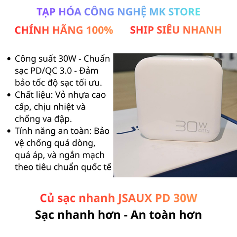 Củ sạc nhanh Pd 30w Jsaux, Hiệu suất tối ưu, Bền bỉ, An toàn cho thiết bị