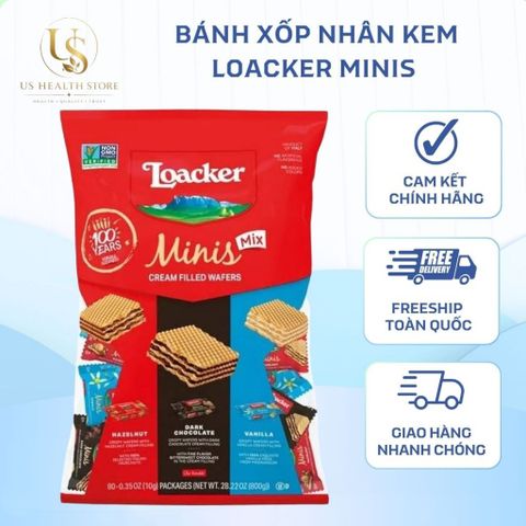 [ hỏa tốc] Bánh xốp nhân kem Loacker Minis (Hazelnut, Vanilla, Chocolate) gói 800g hàng Mỹ