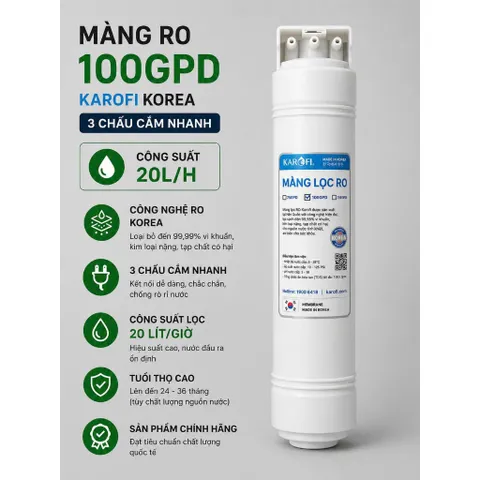 Màng Lọc Ro 100GPD Karofi - Hàng Chính Hãng Dạng 3 Chấu Cắm Nhanh, Công Suất 20L/H