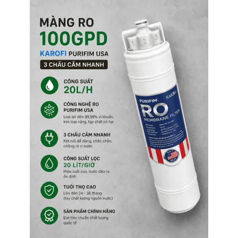 Màng Lọc Ro 100GPD Karofi - Hàng Chính Hãng Dạng 3 Chấu Cắm Nhanh, Công Suất 20L/H