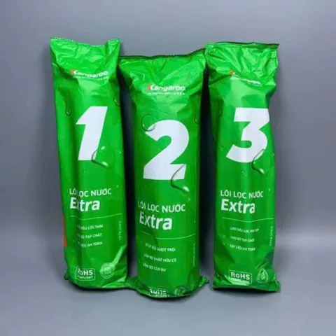 Bộ 3 lõi lọc nước dùng Kangaroo Extra 123 dùng cho máy lọc nước có 3 cốc lọc 10inch (Mẫu mới 2024)