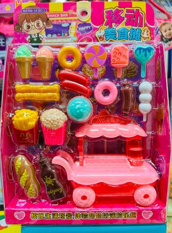 Đồ chơi đồ hàng xe đẩy bán kem và đồ ăn vặt mini, bộ đồ chơi nhập vai quầy hàng Snack Bar, cửa hàng ăn uống 599-186