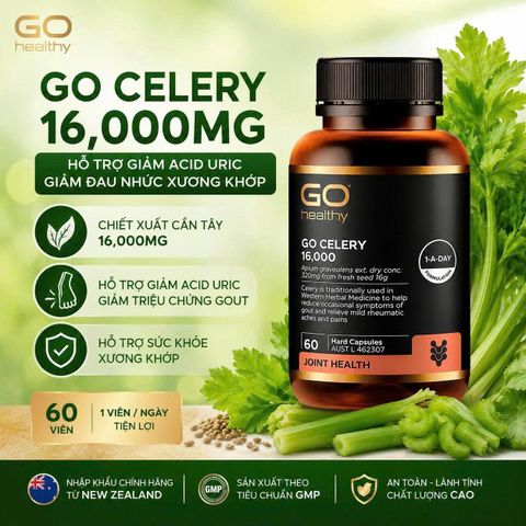 Viên uống Giảm Đau - Giảm Viêm Sưng của Hội Chứng Gút Go Healthy Go Celery 16000 - Kháng Viêm Tự Nhiên 60 Viên - S/P New Zealand (Go Celery Nội Địa New Zealand)