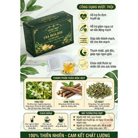 Trà Hoa Hòe Cam Thảo Túi Lọc Cao Cấp Hỗ Trợ Thanh Nhiệt, Ngủ Ngon [Hộp 30 Gói]