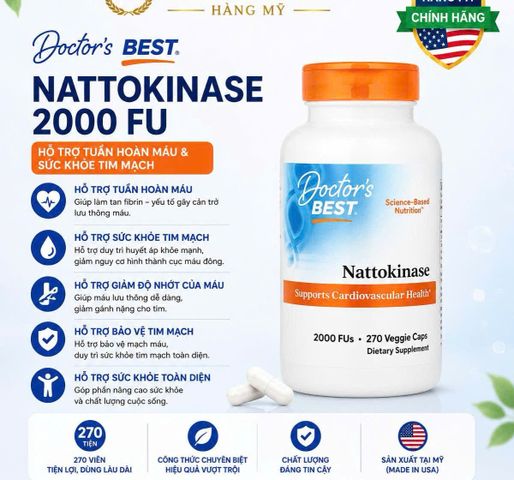 Viên uống Nattokinase 2000 FU Doctor’s Best 270 viên - Hỗ trợ tim mạch, ngăn ngừa đột quỵ, ổn định huyết áp, bổ sung enzyme tự nhiên