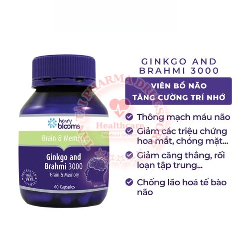 ✅[CHÍNH HÃNG, CHO KIỂM HÀNG] Viên Uống Bổ Não & Tăng Cường Trí Nhớ Ginkgo And Brahmi 3000 Henry Blooms (60 Viên/Hộp) 764864