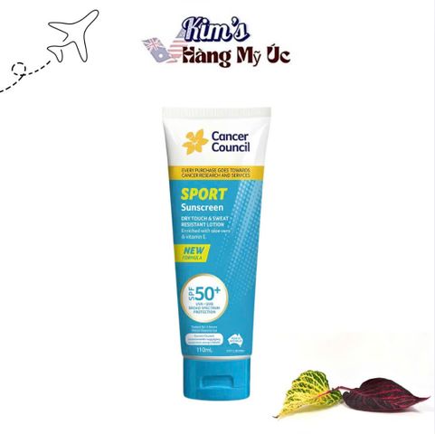 Kem chống nắng Cancer Council Sport Sunscreen Dry Touch & Sweat Resistant Lotion SPF 50+, dung tích 110ml.