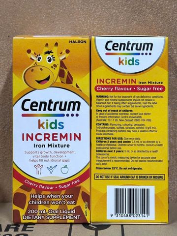 Siro Centrum Kids Incremin Iron Mixture - 200 mL - Bổ Sung Sắt - Cải Thiện Tình Trạng Biếng Ăn & Tăng Hấp Thu Dinh Dưỡng - Hỗ Trợ Quá Trình Phát Triển ở Trẻ Từ 6 Tháng Tuổi Trở Lên - S/P Chuẩn Úc