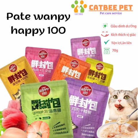 Pate Wanpy Happy 100 Gói 70g Cho Mèo, Thức Ăn Cho Mèo Dạng Súp Đủ Vị Thơm Ngon, Bổ Dưỡng