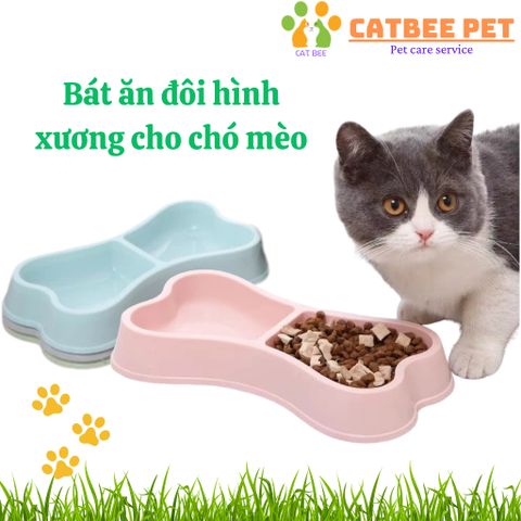 Bát ăn đôi nhựa hình xương đựng thức ăn, nước uống cho chó mèo