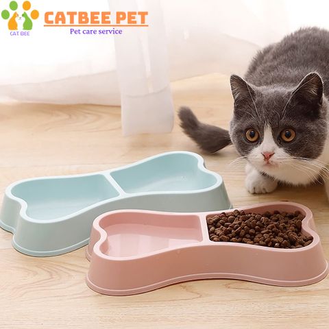 Bát ăn đôi nhựa hình xương đựng thức ăn, nước uống cho chó mèo
