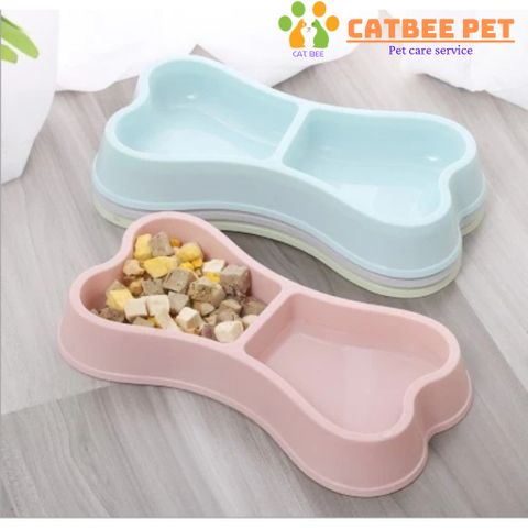 Bát ăn đôi nhựa hình xương đựng thức ăn, nước uống cho chó mèo