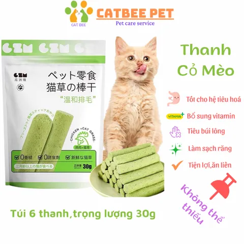 Thanh Cỏ Mèo 30g - Đồ ăn khô cho mèo 6 Que - Giúp tiêu búi lông, sạch và khỏe răng, bổ sung vitamin