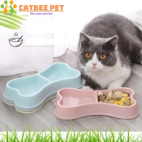 Bát ăn đôi nhựa hình xương đựng thức ăn, nước uống cho chó mèo