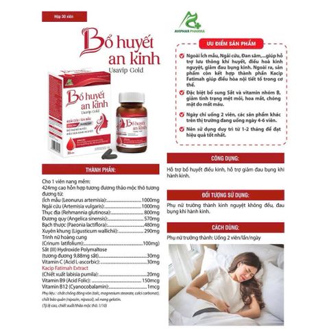 (Che tên) Bổ huyết điều hòa kinh nguyệt AVIPHAR - Thành phần Ích mẫu, Trinh nữ hoàng cung