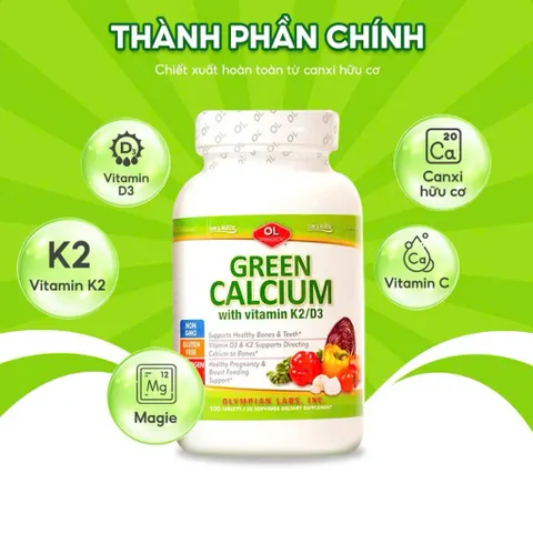 (Mỹ) Viên Canxi & Magie Hữu Cơ Kèm Vitamin D3K2 Olympian Labs Green Calcium Hỗ Trợ Phòng Ngừa Loãng Xương, Tốt Cho Mẹ Bầu Sau Sinh