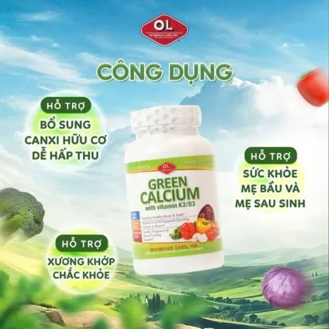 (Mỹ) Viên Canxi & Magie Hữu Cơ Kèm Vitamin D3K2 Olympian Labs Green Calcium Hỗ Trợ Phòng Ngừa Loãng Xương, Tốt Cho Mẹ Bầu Sau Sinh