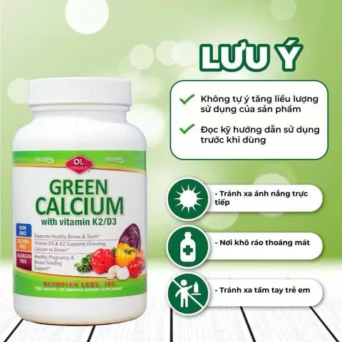 (Mỹ) Viên Canxi & Magie Hữu Cơ Kèm Vitamin D3K2 Olympian Labs Green Calcium Hỗ Trợ Phòng Ngừa Loãng Xương, Tốt Cho Mẹ Bầu Sau Sinh
