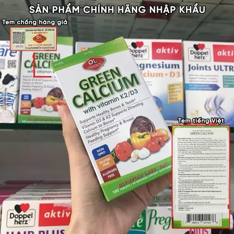 (Mỹ) Viên Canxi & Magie Hữu Cơ Kèm Vitamin D3K2 Olympian Labs Green Calcium Hỗ Trợ Phòng Ngừa Loãng Xương, Tốt Cho Mẹ Bầu Sau Sinh