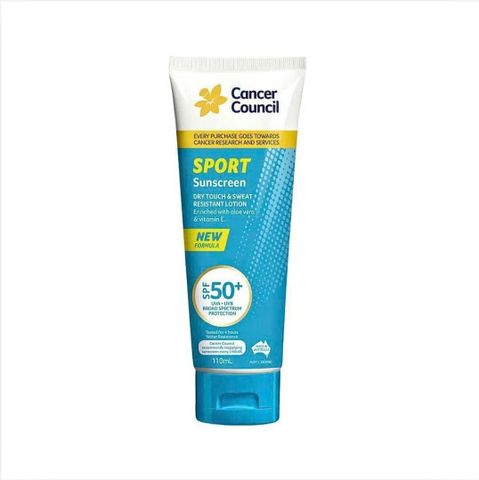 Kem chống nắng kháng nước đến 4 giờ - Cancer Council Sport Sunscreen Dry Touch & Sweat Resistant Lotion SPF 50+, dung tích 110ml.