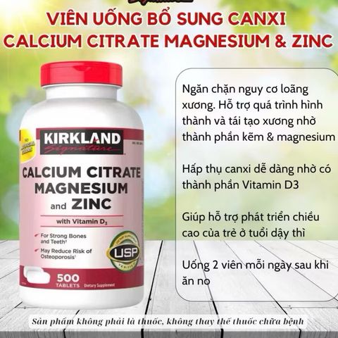 Viên uống Calcium Citrate hỗ trợ xương Magnesium & Zinc, hộp 500 viên bổ sung canxi, ngừa loãng xương