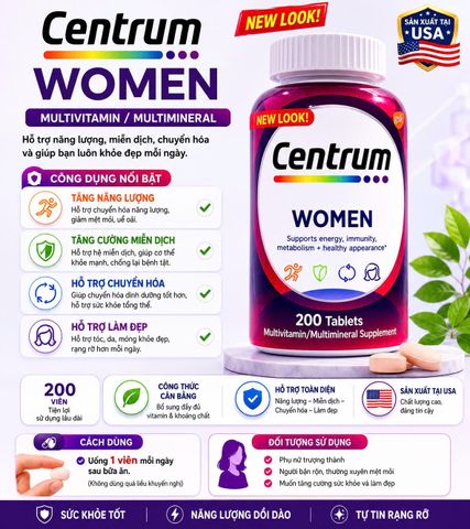 Centrum Women 200 viên - Vitamin tổng hợp cho phụ nữ  dưói 50 tuổi hỗ trợ năng lượng và làm đẹp