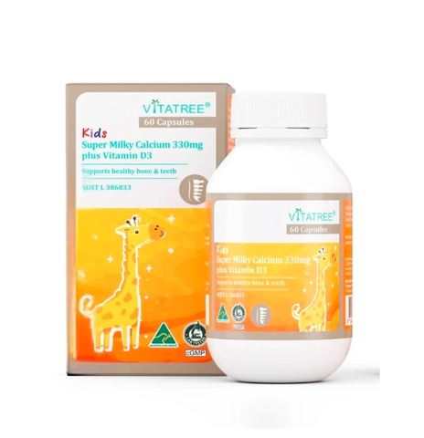 Vitatree Viên Canxi Kids Super Milky Calcium 330mg Plus Vitamin D3 Cho Trẻ Từ 1 Tuổi (60 viên - Nhập khẩu)